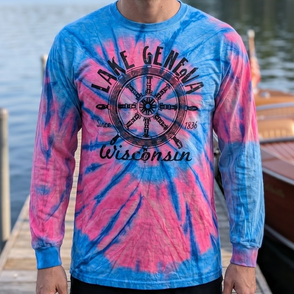 Authentic Pigment Lake Geneva Wisconsin Tie Dye Long Sleeve Shirt Nautical Pink